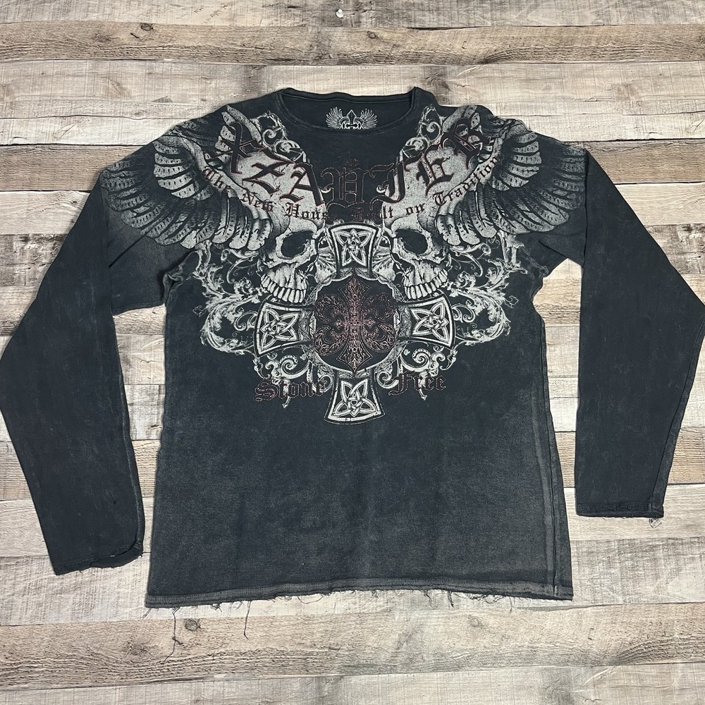Xzavier Thermal Shirt Size XL Black Thermal Long Sleeve Y2K Punk Grunge Skulls - Picture 1 of 11